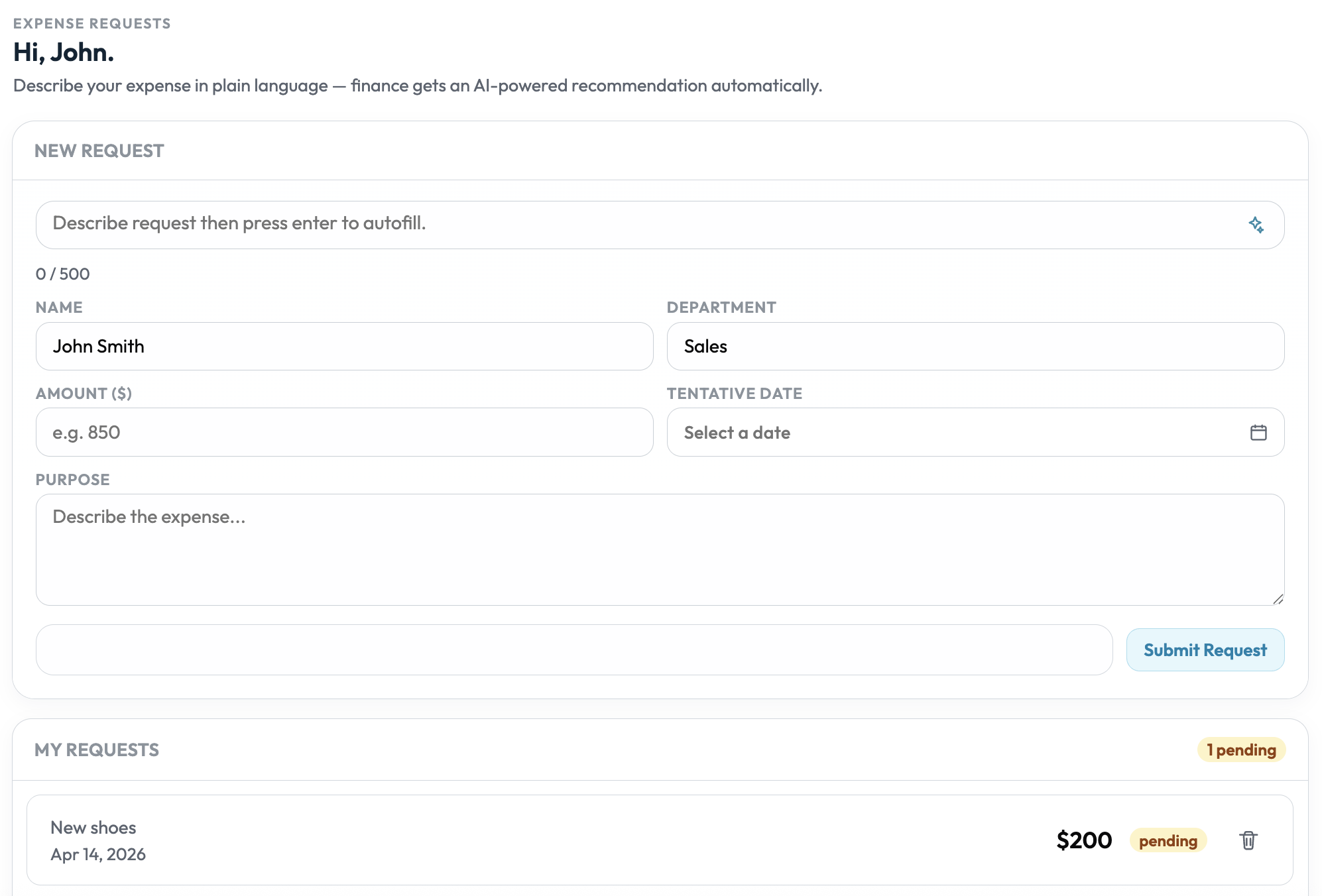 Easy employee expense request form