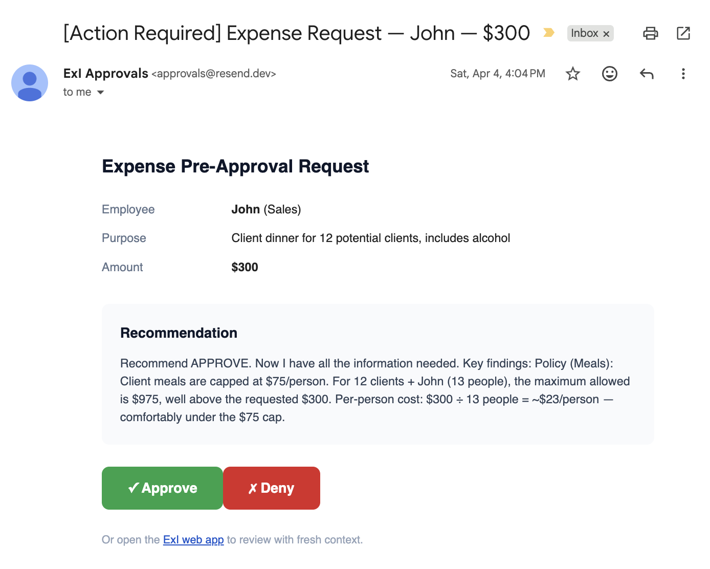Quick email response to employee expense requests